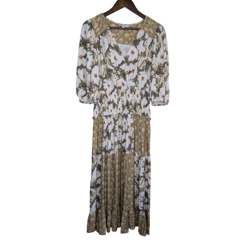 Current Air Floral Patchwork Linen Maxi Dress Medium Prairie Peasant Cottagecore